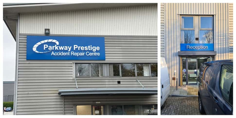 A collage of the Parkway Prestige exterior building and reception signage.